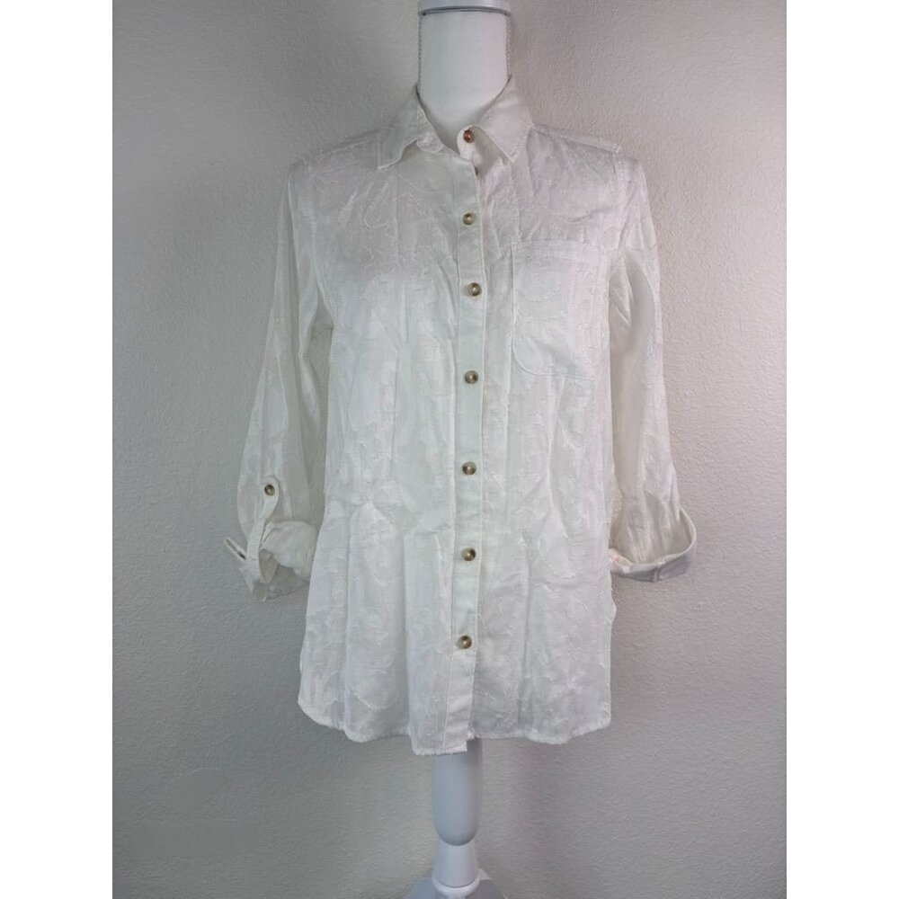 Maeve Anthropology women's 4 white long sleeve burnout button down cotton blouse